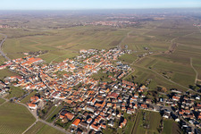 Luftbild von Stadtansicht vom Innenstadtbereich mit dem Stadtrand angrenzend an landwirtschaftliche Feldern in Kallstadt im Bundesland Rheinland-Pfalz, Deutschland