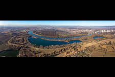 Panorama-Perspektive der Schleife der Uferbereiche um die Reißinsel bei Neckarau am Rhein - Flußverlauf in Mannheim im Ortsteil Niederfeld im Bundesland Baden-Württemberg, Deutschland