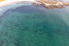 Luftbild von Auf die Welle wartende Surfer vor dem Plage la Torche-Tronoën in Plomeur im Bundesland Finistère, Frankreich