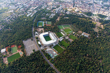 Neubaustelle des Wildparkstadion des Karlsruher Sport-Club GmbH & Co. KGaA im Ortsteil Innenstadt-Ost im Bundesland Baden-Württemberg, Deutschland von oben gesehen