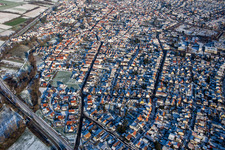 Schrägluftbild von Rülzheim von Westen im Winter bei Schnee im Bundesland Rheinland-Pfalz, Deutschland