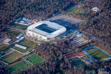 Schrägluftbild von BBBank Wildpark, fast vollendeter Stadionneubau des KSC im Ortsteil Innenstadt-Ost in Karlsruhe im Bundesland Baden-Württemberg, Deutschland
