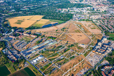 Überblick von Nord auf Spinelli-Park der Bundesgartenschau Mannheim BUGA 2023 im Ortsteil Feudenheim im Bundesland Baden-Württemberg, Deutschland