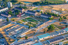 Willkommensbereich des Spinelli-Park der Bundesgartenschau Mannheim BUGA 2023 im Ortsteil Feudenheim im Bundesland Baden-Württemberg, Deutschland aus der Luft