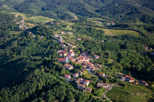 Luftaufnahme von Hügeldorf zwischen Reben und Wald in Nova Gorica, Slowenien