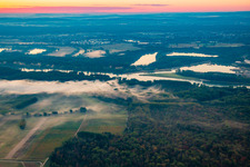 Rheinauen im Morgennebel vor Sonnenaufgang im Ortsteil Knielingen in Karlsruhe im Bundesland Baden-Württemberg, Deutschland