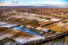 Feldstrukturen und Schatten im Winter bei Schnee am Windpark Freckenfeld im Bundesland Rheinland-Pfalz, Deutschland