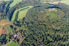 Luftaufnahme von Hütte und Wild-Gaststätte Cramerhaus zu Füßen der Burgruine Lindelbrunn in Vorderweidenthal im Bundesland Rheinland-Pfalz, Deutschland