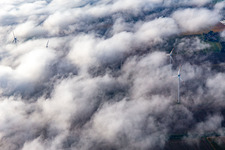 Luftbild von Windpark bei Minfeld teilweise in Wolken im Bundesland Rheinland-Pfalz, Deutschland