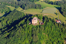 Luftaufnahme von Burgruine Hohengeroldseck auf dem Schloßberg von Süden in Seelbach im Bundesland Baden-Württemberg, Deutschland