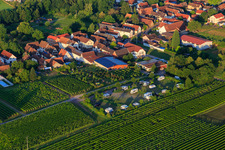 Luftbild von Dorfansicht am Morgen aus Norden mit Wohnmobilstellplatz des Weinhaus Geiger in Dierbach im Bundesland Rheinland-Pfalz, Deutschland