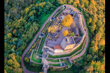 Luftaufnahme von Burg Landeck im Herbst am Abend in Klingenmünster im Bundesland Rheinland-Pfalz, Deutschland