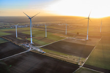 Luftaufnahme von Repowering des Windpark Minfeld. JUWI ersetzt vier Altanlagen (GE 1.5) aus 2004 durch zwei neue, modernen Anlagen vom Typ Vestas V162 mit je sechs MW in Kandel im Bundesland Rheinland-Pfalz, Deutschland