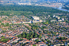 Stadtteilübersicht aus Osten vom August-Bebel-Park bis zum Waldpark am Rheinufer im Ortsteil Neckarau in Mannheim im Bundesland Baden-Württemberg, Deutschland