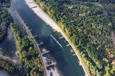 Leeres Frachtschiff bei Niedrigwasser am Rhein zwischen Hördter Rheinaue und Dettenheim im Bundesland Rheinland-Pfalz, Deutschland
