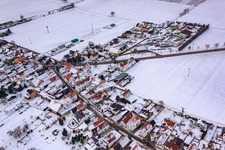 Schrägluftbild von Gänsried Im Winter bei Schnee in Freckenfeld im Bundesland Rheinland-Pfalz, Deutschland
