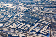 Schrägluftbild von SIEMENS AG im Winter bei Schnee im Ortsteil Knielingen in Karlsruhe im Bundesland Baden-Württemberg, Deutschland
