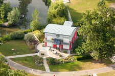 Luftbild von Fertighaus-Ausstellungsgelände und Messehallen der World of Living im Ortsteil Linx in Rheinau im Bundesland Baden-Württemberg, Deutschland