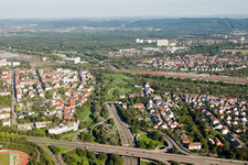Luftbild von Ein- und Ausfahrt des Edeltrud Tunnel der Südtangente die Straße B10 verläuft durch den Tunnel im Ortsteil Beiertheim - Bulach in Karlsruhe im Ortsteil Beiertheim-Bulach im Bundesland Baden-Württemberg, Deutschland