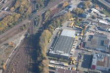 Luftaufnahme von Lagerhallen und Speditionsgebäude SWS-Speditions-GmbH, Ottostraße im Ortsteil Durlach in Karlsruhe im Bundesland Baden-Württemberg, Deutschland