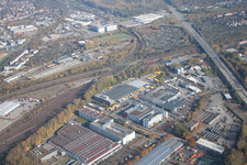 Schrägluftbild von Lagerhallen und Speditionsgebäude SWS-Speditions-GmbH, Ottostraße im Ortsteil Durlach in Karlsruhe im Bundesland Baden-Württemberg, Deutschland