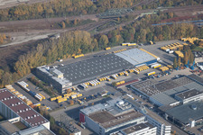 Lagerhallen und Speditionsgebäude SWS-Speditions-GmbH, Ottostraße im Ortsteil Durlach in Karlsruhe im Bundesland Baden-Württemberg, Deutschland aus der Luft