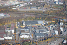 Lagerhallen und Speditionsgebäude SWS-Speditions-GmbH, Ottostraße im Ortsteil Durlach in Karlsruhe im Bundesland Baden-Württemberg, Deutschland von oben gesehen