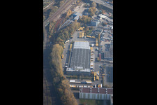 Lagerhallen und Speditionsgebäude SWS-Speditions-GmbH, Ottostraße im Ortsteil Durlach in Karlsruhe im Bundesland Baden-Württemberg, Deutschland von der Drohne aus gesehen