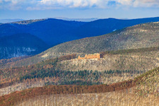 Burgruine Neuscharfeneck im Winter bei Schnee in Ramberg im Bundesland Rheinland-Pfalz, Deutschland