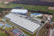 Neubau- Baustelle im Gewerbegebiet Horst für Friedrich Zufall GmbH & Co. KG Internationale Spedition im Ortsteil Gewerbegebiet Horst in Kandel im Ortsteil Minderslachen im Bundesland Rheinland-Pfalz, Deutschland vom Flugzeug aus