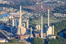 Rheinhafen-Dampfkraftwerk der ENBW im Ortsteil Daxlanden in Karlsruhe im Bundesland Baden-Württemberg, Deutschland von der Drohne aus gesehen