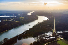 Bei Hochwasser überflutete Rheinauen im Ortsteil Sondernheim in Germersheim im Bundesland Rheinland-Pfalz, Deutschland