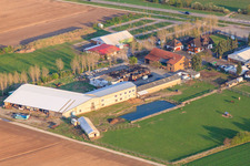 Luftbild von Adamshof, nach dem Brand in der Ostereiermalhalle in Kandel im Bundesland Rheinland-Pfalz, Deutschland