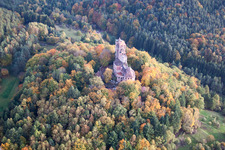 Burg Berwartstein in Erlenbach bei Dahn im Bundesland Rheinland-Pfalz, Deutschland vom Flugzeug aus