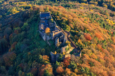 Luftaufnahme von Burgruine Madenburg im herblist gefärbtem Wald in Eschbach im Bundesland Rheinland-Pfalz, Deutschland