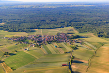Dorfübersicht aus Süden vor dem Bienwald in Salmbach im Bundesland Bas-Rhin, Frankreich