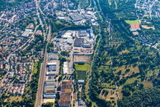 Schrägluftbild von Gewerbegebiet und Firmenansiedlung Dennigstraße mit Versandhaus Wenz in Pforzheim im Ortsteil Brötzingen im Bundesland Baden-Württemberg, Deutschland